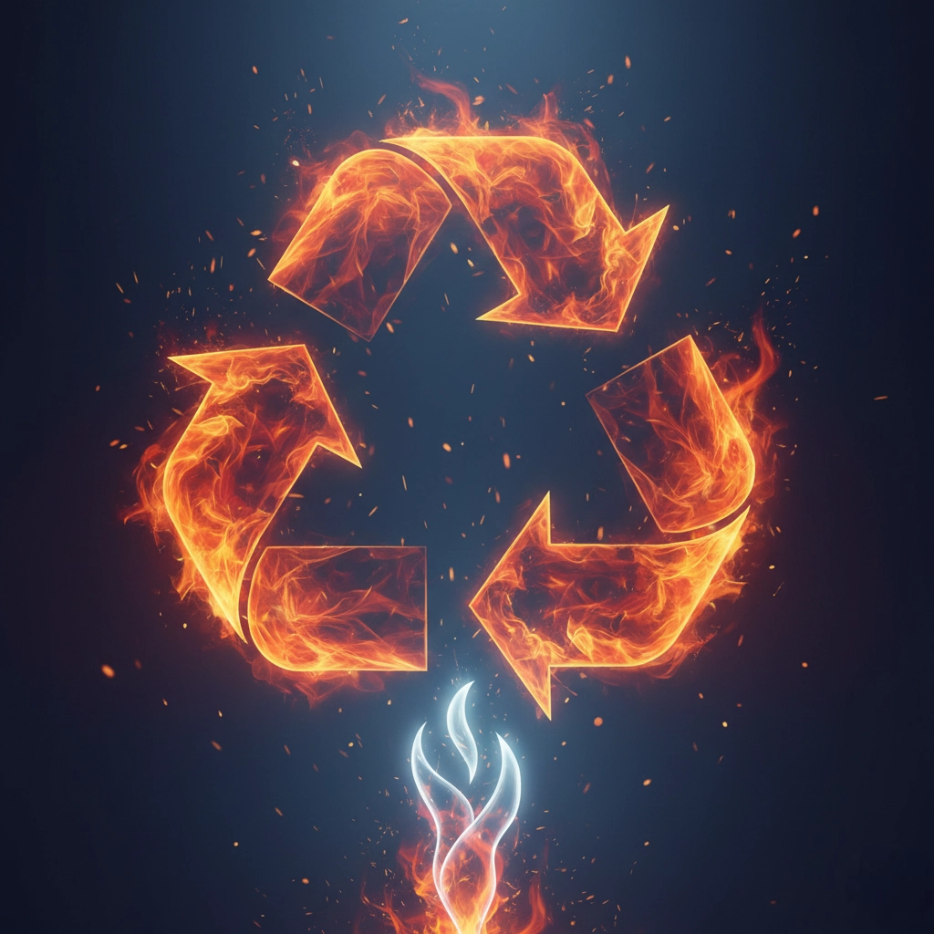 Abstraktes Symbol für thermische Regeneration: Ein brennendes Recycling-Logo illustriert die Erneuerung von Aktivkohle bei 850°C für die Kreislaufwirtschaft.